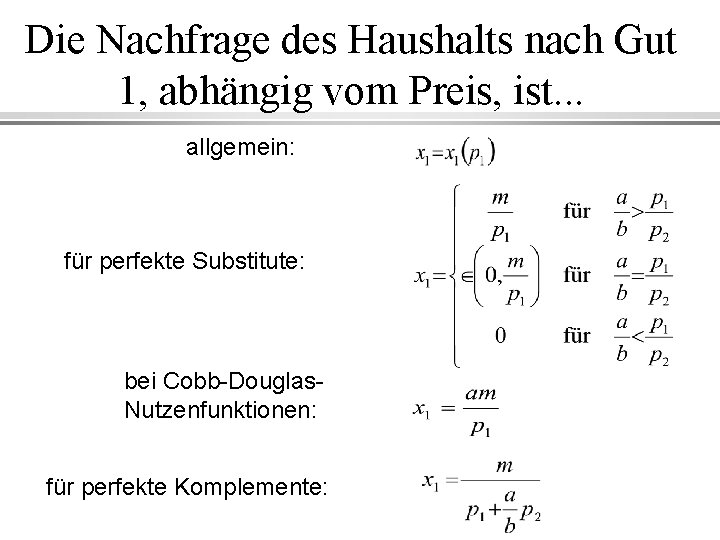 Die Nachfrage des Haushalts nach Gut 1, abhängig vom Preis, ist. . . allgemein: