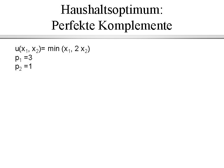 Haushaltsoptimum: Perfekte Komplemente u(x 1, x 2)= min (x 1, 2 x 2) p