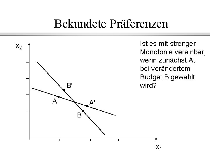 Bekundete Präferenzen Ist es mit strenger Monotonie vereinbar, wenn zunächst A, bei verändertem Budget