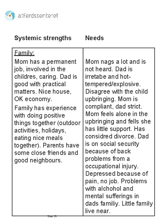 Systemic strengths Family: Mom has a permanent job, involved in the childres, caring. Dad