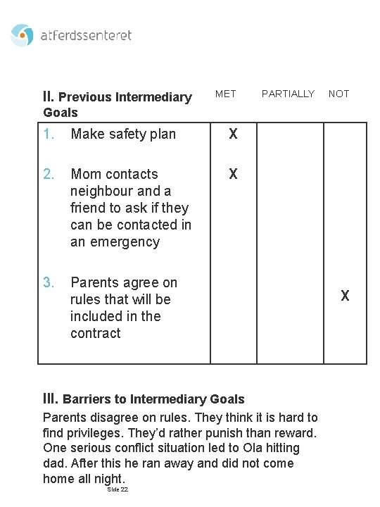 II. Previous Intermediary MET PARTIALLY NOT Goals 1. Make safety plan X 2. Mom