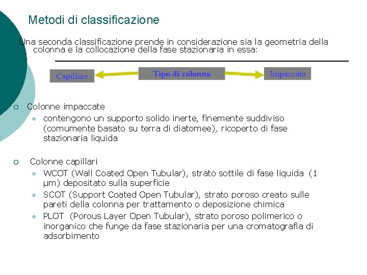 Metodi di classificazione Una seconda classificazione prende in considerazione sia la geometria della colonna