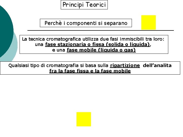 Principi Teorici Perchè i componenti si separano La tecnica cromatografica utilizza due fasi immiscibili