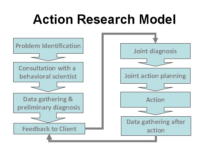 Action Research Model Problem Identification Consultation with a behavioral scientist Data gathering & preliminary Action Research Model Problem Identification Consultation with a behavioral scientist Data gathering & preliminary