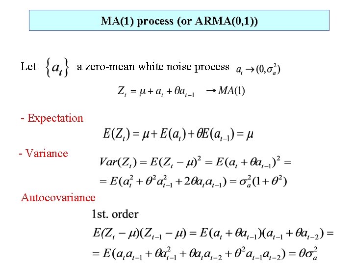 MA(1) process (or ARMA(0, 1)) Let a zero-mean white noise process - Expectation -