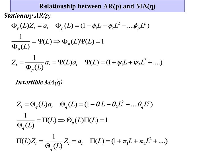 Relationship between AR(p) and MA(q) Stationary AR(p) Invertible MA(q) 