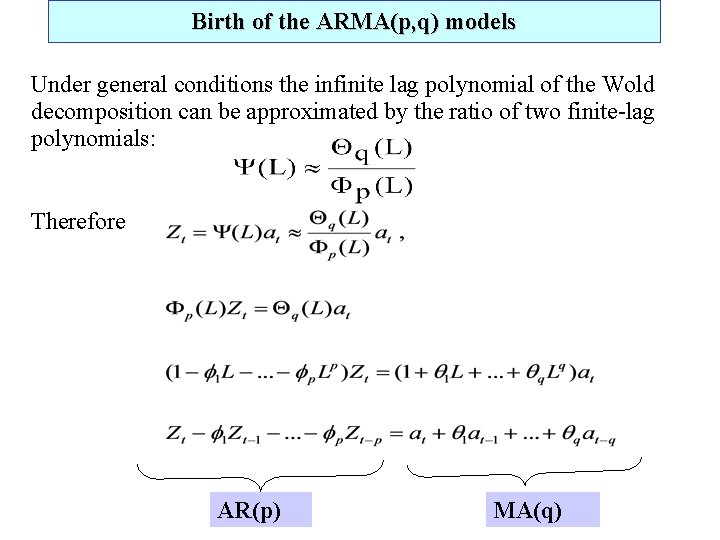 Birth of the ARMA(p, q) models Under general conditions the infinite lag polynomial of