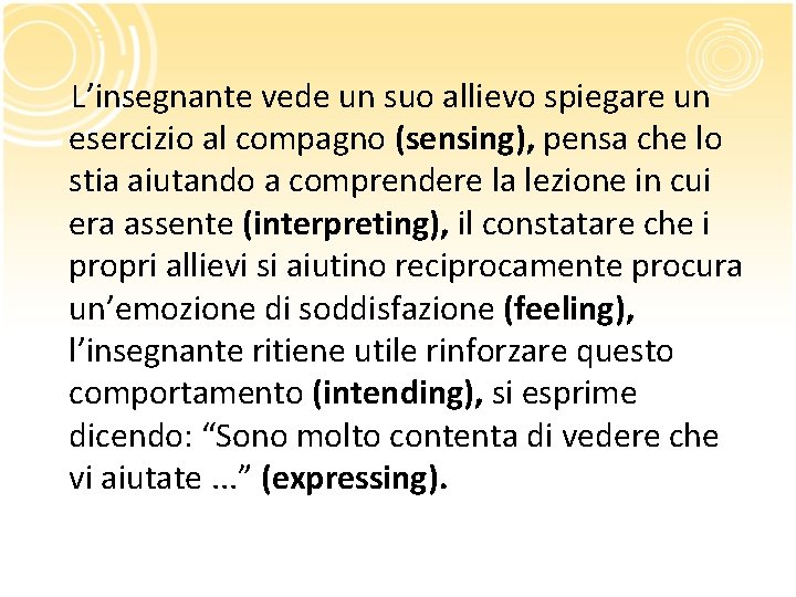 L’insegnante vede un suo allievo spiegare un esercizio al compagno (sensing), pensa che L’insegnante vede un suo allievo spiegare un esercizio al compagno (sensing), pensa che
