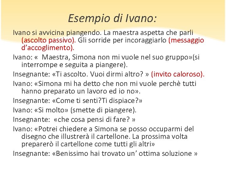 Esempio di Ivano: Ivano si avvicina piangendo. La maestra aspetta che parli (ascolto passivo). Esempio di Ivano: Ivano si avvicina piangendo. La maestra aspetta che parli (ascolto passivo).