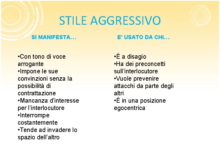 STILE AGGRESSIVO SI MANIFESTA… • Con tono di voce arrogante • Impone le sue STILE AGGRESSIVO SI MANIFESTA… • Con tono di voce arrogante • Impone le sue