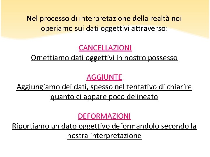 Nel processo di interpretazione della realtà noi operiamo sui dati oggettivi attraverso: CANCELLAZIONI Omettiamo Nel processo di interpretazione della realtà noi operiamo sui dati oggettivi attraverso: CANCELLAZIONI Omettiamo