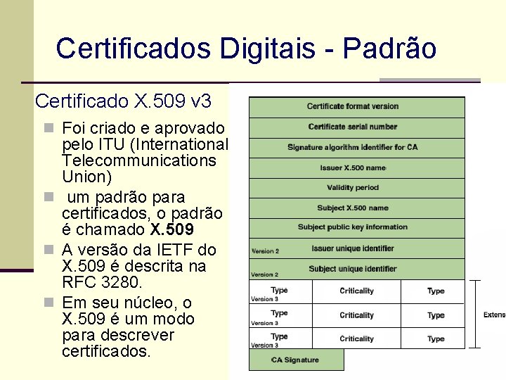 Certificados Digitais - Padrão Certificado X. 509 v 3 n Foi criado e aprovado