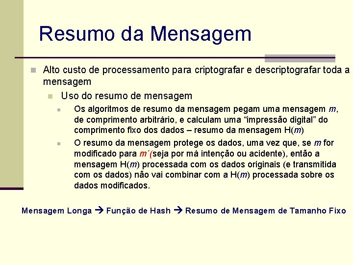 Resumo da Mensagem n Alto custo de processamento para criptografar e descriptografar toda a
