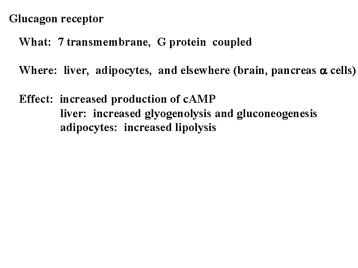 Glucagon receptor What: 7 transmembrane, G protein coupled Where: liver, adipocytes, and elsewhere (brain,