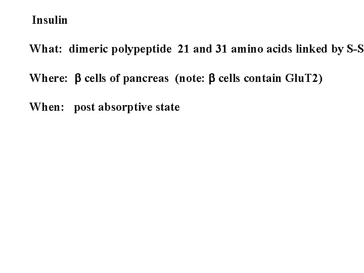 Insulin What: dimeric polypeptide 21 and 31 amino acids linked by S-S Where: b