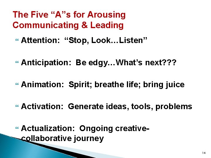 The Five “A”s for Arousing Communicating & Leading Attention: “Stop, Look…Listen” Anticipation: Be edgy…What’s