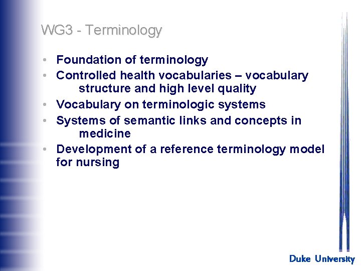 WG 3 - Terminology • Foundation of terminology • Controlled health vocabularies – vocabulary