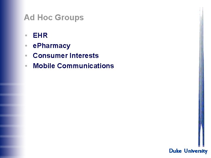 Ad Hoc Groups • • EHR e. Pharmacy Consumer Interests Mobile Communications Duke University