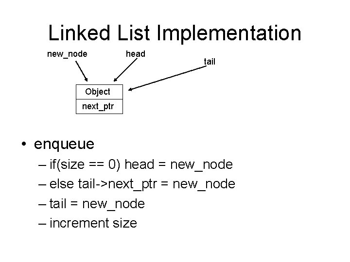 Linked List Implementation new_node head tail Object next_ptr • enqueue – if(size == 0)