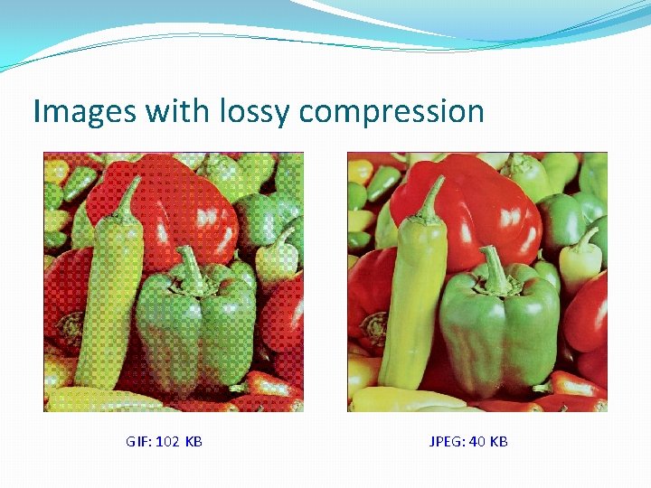 Images with lossy compression GIF: 102 KB JPEG: 40 KB 