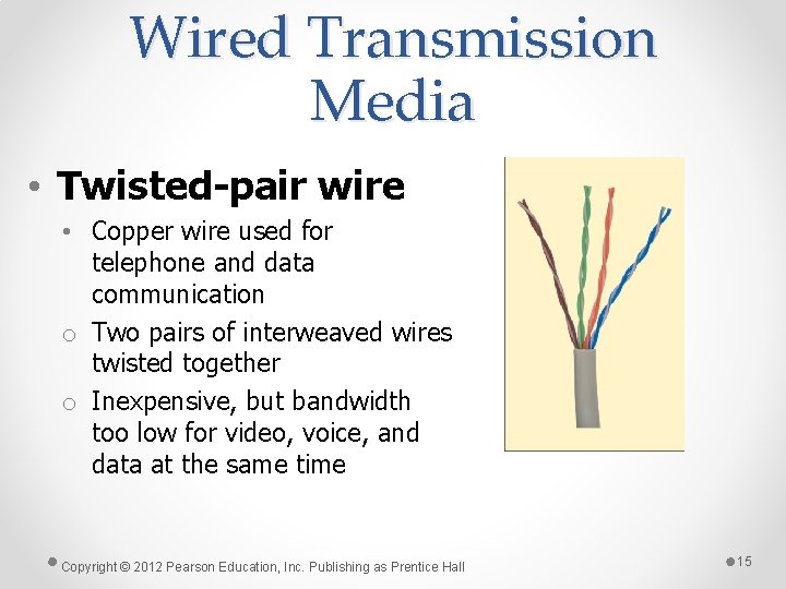 Wired Transmission Media • Twisted-pair wire • Copper wire used for telephone and data