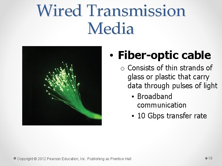 Wired Transmission Media • Fiber-optic cable o Consists of thin strands of glass or