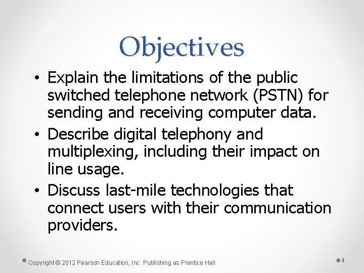 Objectives • Explain the limitations of the public switched telephone network (PSTN) for sending