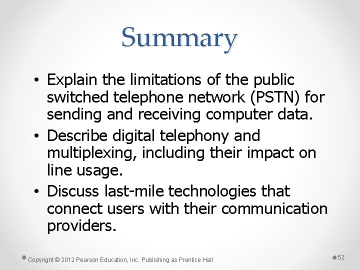 Summary • Explain the limitations of the public switched telephone network (PSTN) for sending