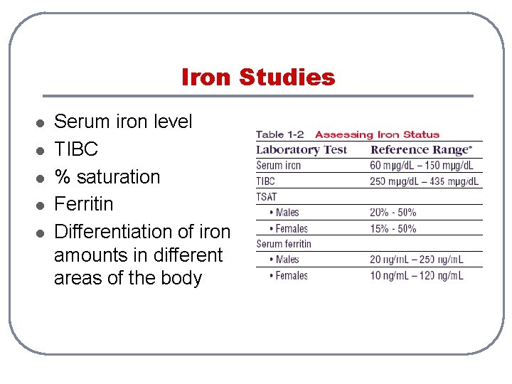 Iron Studies l l l Serum iron level TIBC % saturation Ferritin Differentiation of