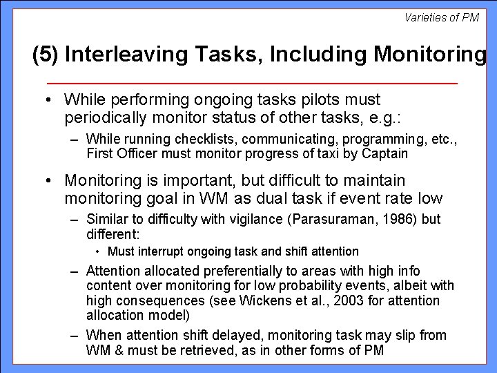 Varieties of PM (5) Interleaving Tasks, Including Monitoring • While performing ongoing tasks pilots Varieties of PM (5) Interleaving Tasks, Including Monitoring • While performing ongoing tasks pilots