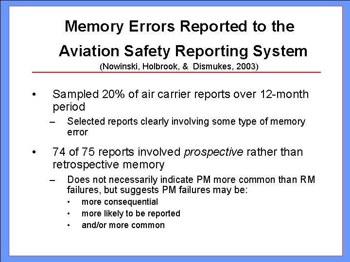 Memory Errors Reported to the Aviation Safety Reporting System (Nowinski, Holbrook, & Dismukes, 2003) Memory Errors Reported to the Aviation Safety Reporting System (Nowinski, Holbrook, & Dismukes, 2003)