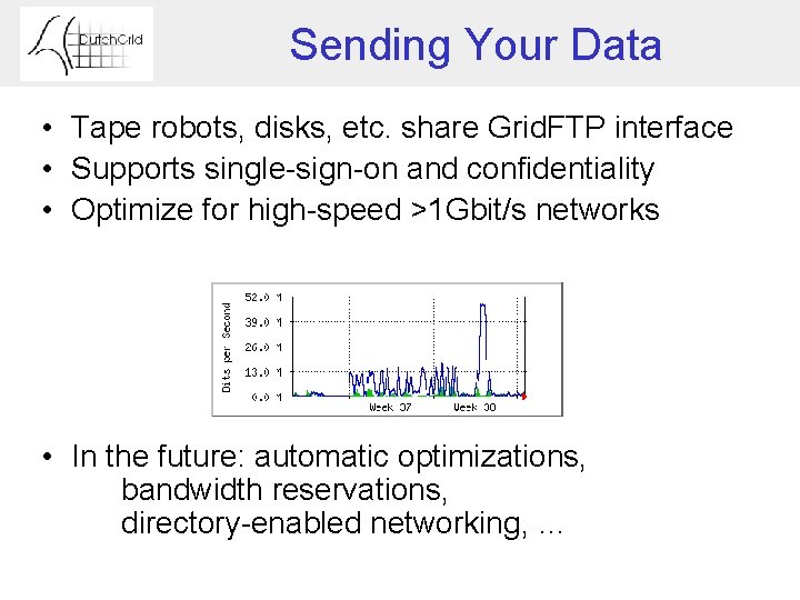 Sending Your Data • Tape robots, disks, etc. share Grid. FTP interface • Supports