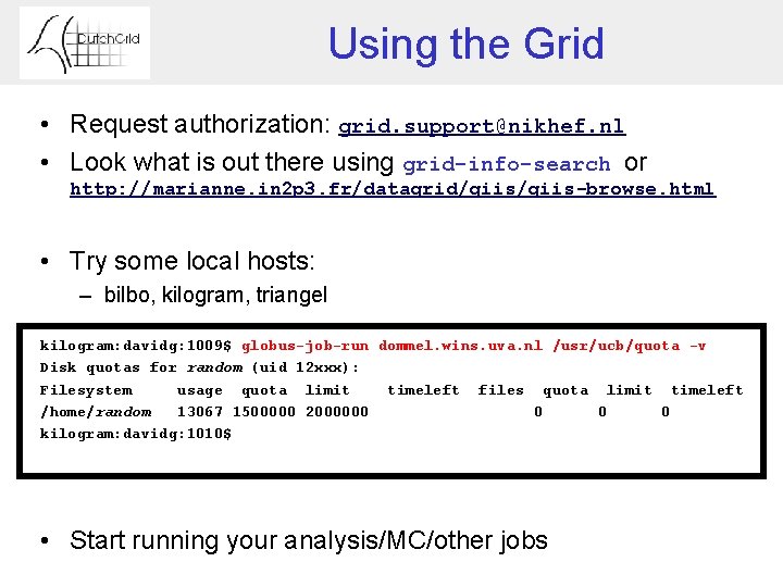 Using the Grid • Request authorization: grid. support@nikhef. nl • Look what is out