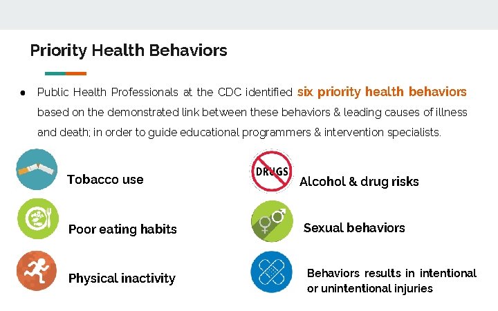 Priority Health Behaviors ● Public Health Professionals at the CDC identified six priority health