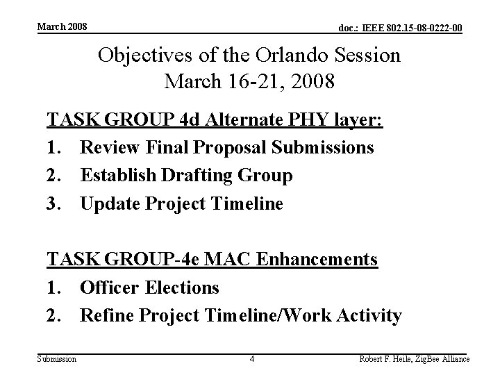 March 2008 doc. : IEEE 802. 15 -08 -0222 -00 Objectives of the Orlando