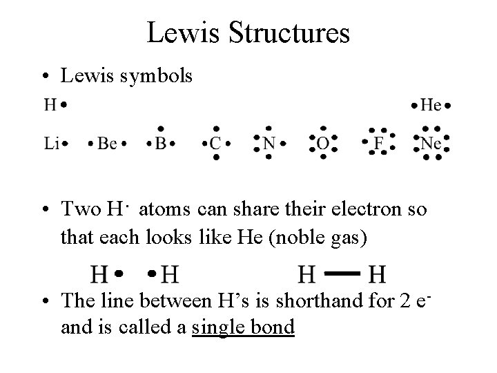 Lewis Structures • Lewis symbols • Two H· atoms can share their electron so