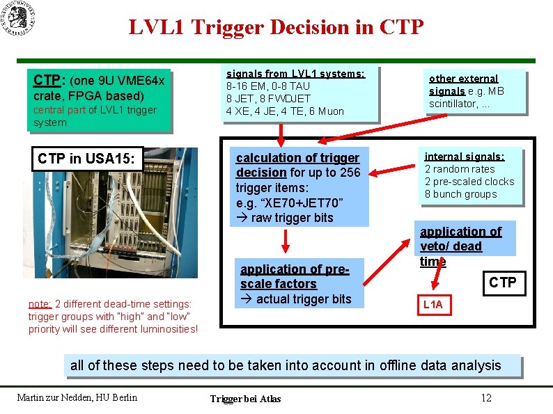 LVL 1 Trigger Decision in CTP: (one 9 U VME 64 x crate, FPGA