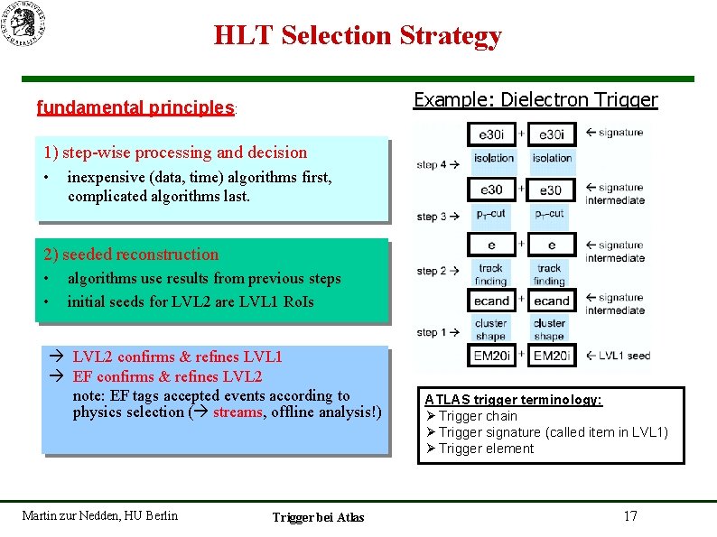 HLT Selection Strategy Example: Dielectron Trigger fundamental principles: 1) step-wise processing and decision •