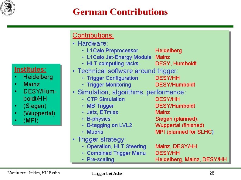 German Contributions: • Hardware: Institutes: • • • Heidelberg Mainz DESY/Humboldt/HH (Siegen) (Wuppertal) (MPI)