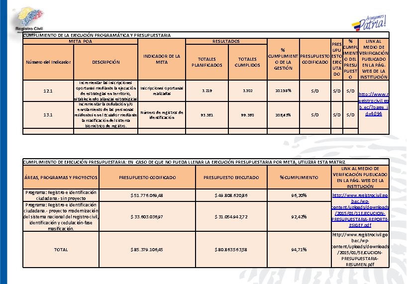 CUMPLIMIENTO DE LA EJECUCIÓN PROGRAMÁTICA Y PRESUPUESTARIA META POA Número del Indicador 12. 1