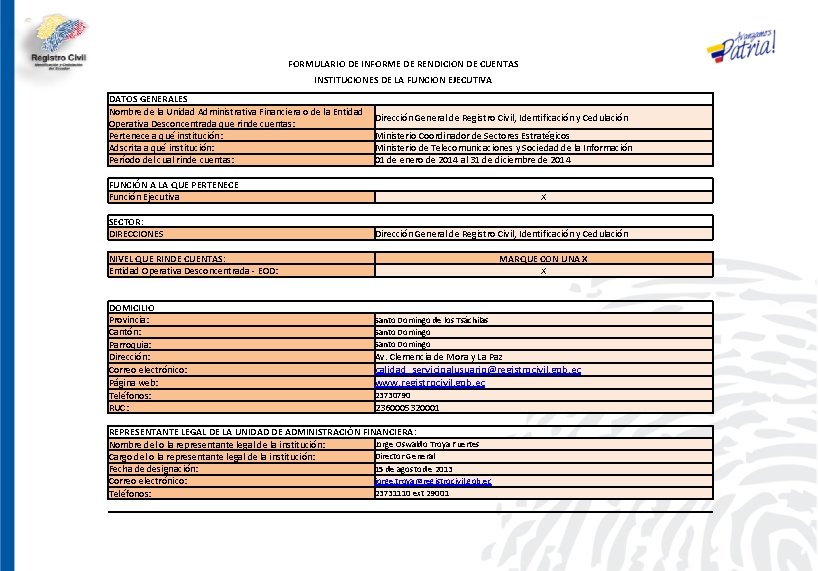 FORMULARIO DE INFORME DE RENDICION DE CUENTAS INSTITUCIONES DE LA FUNCION EJECUTIVA DATOS GENERALES