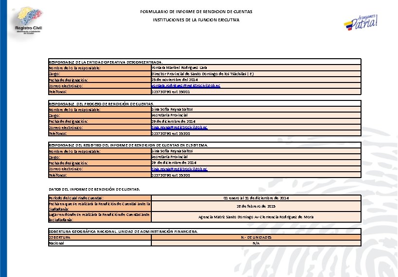 FORMULARIO DE INFORME DE RENDICION DE CUENTAS INSTITUCIONES DE LA FUNCION EJECUTIVA RESPONSABLE DE