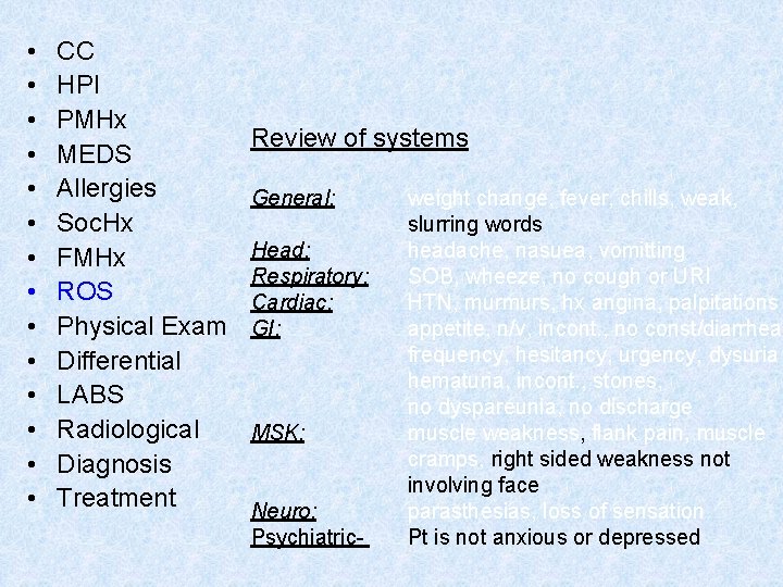  • • • • CC HPI PMHx MEDS Allergies Soc. Hx FMHx ROS