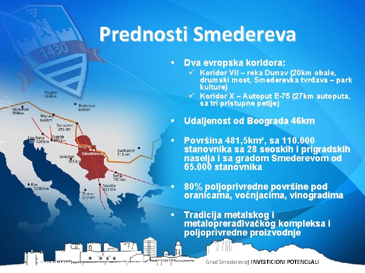 Prednosti Smedereva § Dva evropska koridora: ü Koridor VII – reka Dunav (20 km