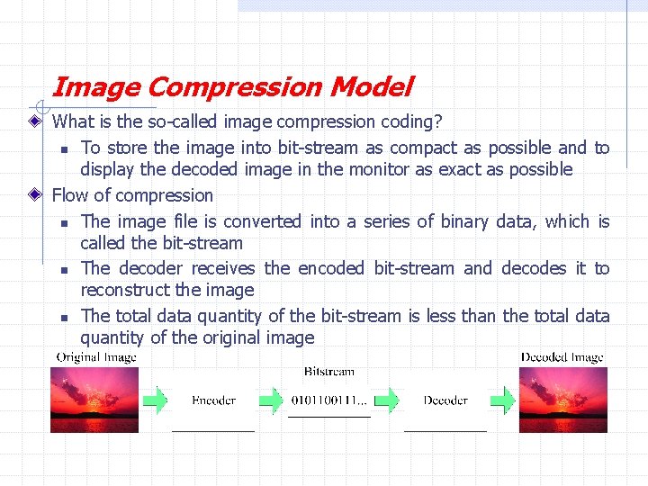 Image Compression Model What is the so-called image compression coding? n To store the