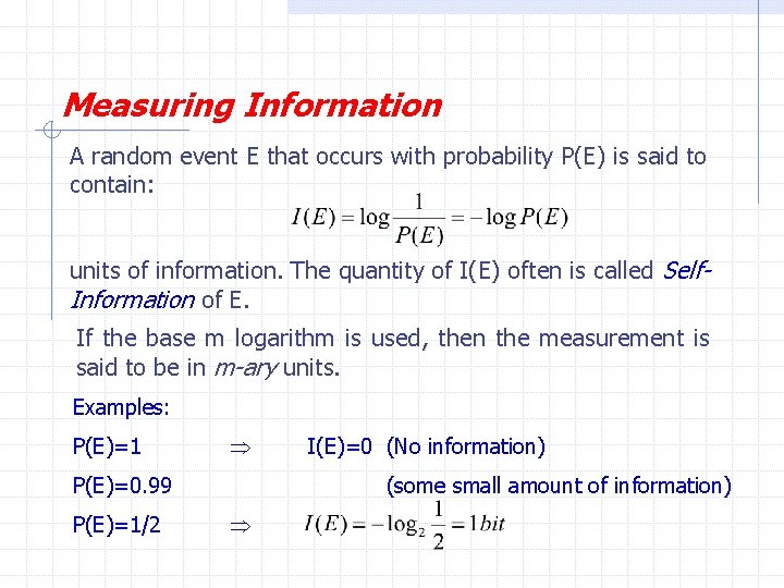 Measuring Information A random event E that occurs with probability P(E) is said to