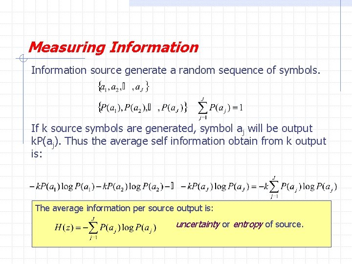 Measuring Information source generate a random sequence of symbols. If k source symbols are