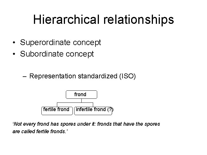 Hierarchical relationships • Superordinate concept • Subordinate concept – Representation standardized (ISO) frond fertile