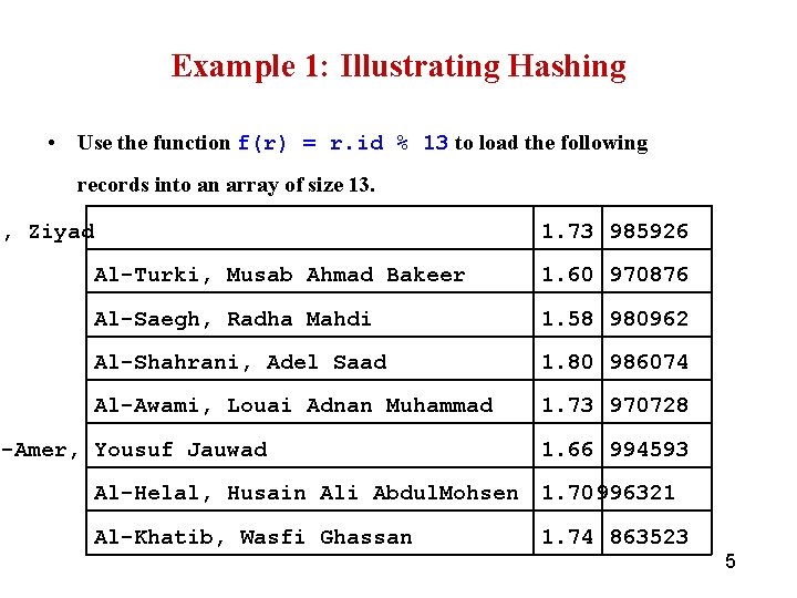 Example 1: Illustrating Hashing • Use the function f(r) = r. id % 13