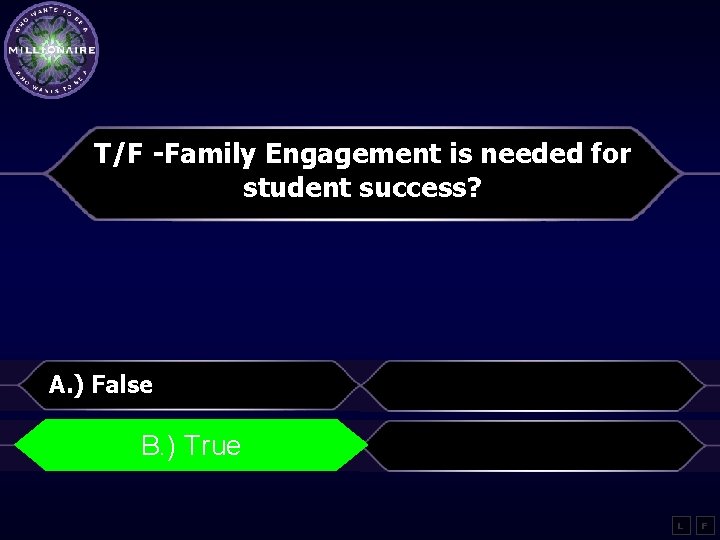 T/F -Family Engagement is needed for student success? A. ) False B. ) True